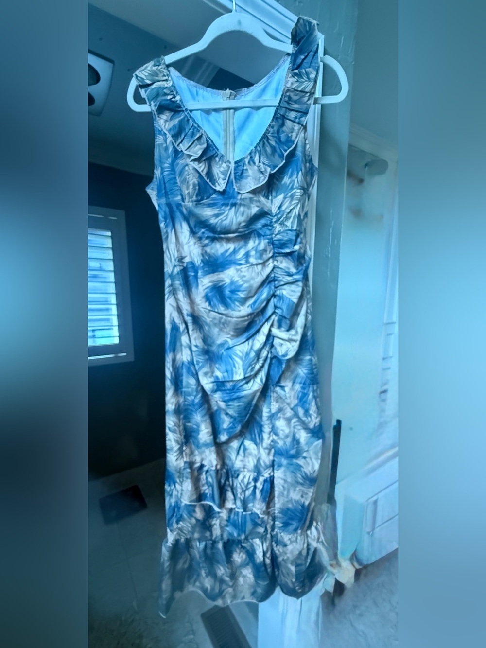 Blue and Cream Ruffled Sleeveless Dress